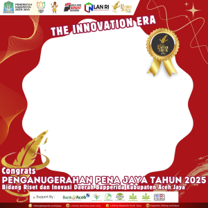 Bingkai Penganugerahan Pena Jaya Tahun 2025 Bidang Riset dan Inovasi Daerah Bapperida Aceh Jaya